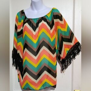 🛍️ BUNDLE ONLY🛍️Blush Multicolor Chevron Blouse with Fringe